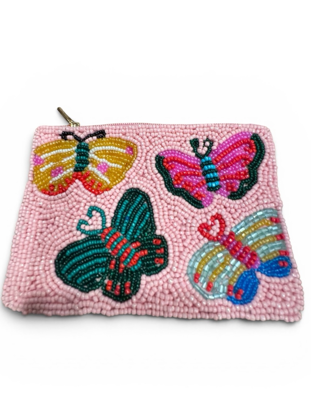 Pink Butterfly Seed Bead Coin Purse Beaded Zip Pouch Pink